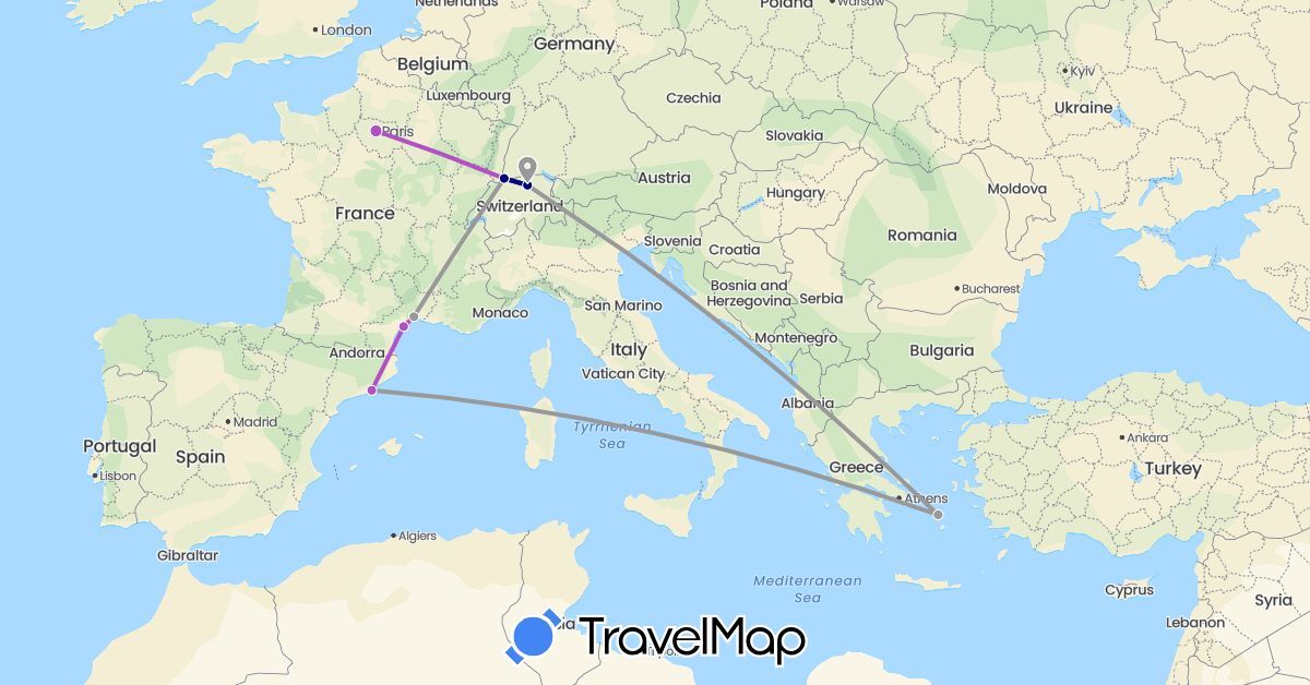 TravelMap itinerary: driving, plane, train in Switzerland, Spain, France, Greece (Europe)